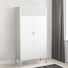 Storage Cabinet in White Steel with 2 Hinged Doors and Hanging Rail