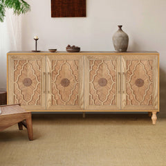 Storage Cabinet with Carved Flower Door, Natural Solid and Manufactured Wood