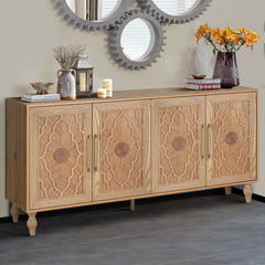 Storage Cabinet with Carved Flower Door, Natural Solid and Manufactured Wood