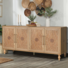 Storage Cabinet with Carved Flower Door, Natural Solid and Manufactured Wood