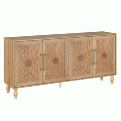 Storage Cabinet with Carved Flower Door, Natural Solid and Manufactured Wood