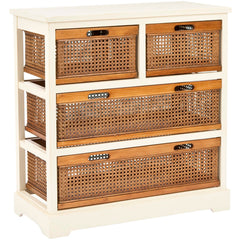 Storage Chest, 4 Drawers with Pine Wood Frame in Cream/Cane
