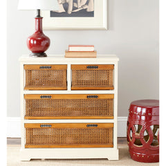 Storage Chest, 4 Drawers with Pine Wood Frame in Cream/Cane