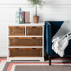 Storage Chest, 4 Drawers with Pine Wood Frame in Cream/Cane