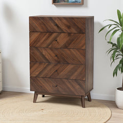 Storage Chest, 5 Drawers, Manufactured Wood and MDF, Walnut Brown