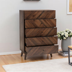 Storage Chest, 5 Drawers, Manufactured Wood and MDF, Walnut Brown