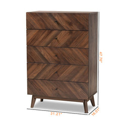 Storage Chest, 5 Drawers, Manufactured Wood and MDF, Walnut Brown