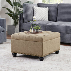 Storage Ottoman, 28 in Square, Tan Fabric with Black Legs