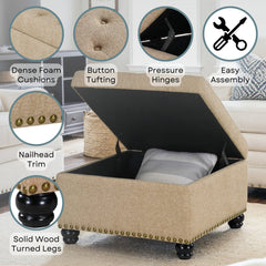 Storage Ottoman, 28 in Square, Tan Fabric with Black Legs