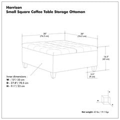 Storage Ottoman, 30 in Square, Linen Look Fabric with Black Legs