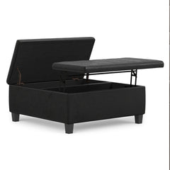 Storage Ottoman, 36 in Square, Black Faux Leather with Espresso Wood Legs