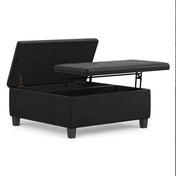 Storage Ottoman, 36 in Square, Black Faux Leather with Espresso Wood Legs