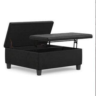 Storage Ottoman, 36 in Square, Black Faux Leather with Espresso Wood Legs