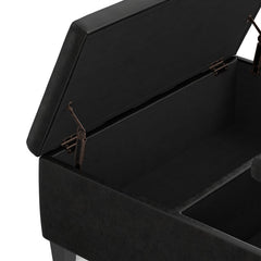 Storage Ottoman, 36 in Square, Black Faux Leather with Espresso Wood Legs