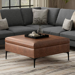 Storage Ottoman, 36 in Square, Distressed Saddle Brown Faux Leather with Black Iron Legs