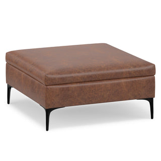Storage Ottoman, 36 in Square, Distressed Saddle Brown Faux Leather with Black Iron Legs