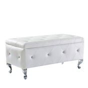 Storage Ottoman, 38 Inch Rectangle, White Upholstery, Silver Metal Legs