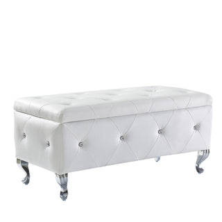 Storage Ottoman, 38 Inch Rectangle, White Upholstery, Silver Metal Legs