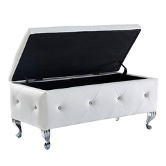 Storage Ottoman, 38 Inch Rectangle, White Upholstery, Silver Metal Legs