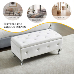 Storage Ottoman, 38 Inch Rectangle, White Upholstery, Silver Metal Legs