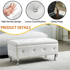 Storage Ottoman, 38 Inch Rectangle, White Upholstery, Silver Metal Legs