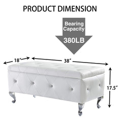 Storage Ottoman, 38 Inch Rectangle, White Upholstery, Silver Metal Legs