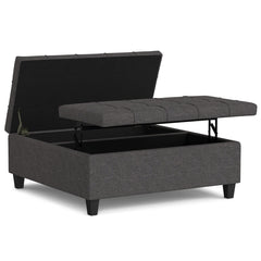 Storage Ottoman, 40 in Square, Upholstered with Black Wood Legs