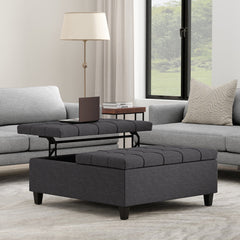 Storage Ottoman, 40 in Square, Upholstered with Black Wood Legs