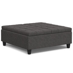 Storage Ottoman, 40 in Square, Upholstered with Black Wood Legs
