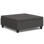 Storage Ottoman, 40 in Square, Upholstered with Black Wood Legs