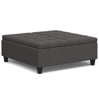 Storage Ottoman, 40 in Square, Upholstered with Black Wood Legs