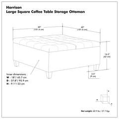 Storage Ottoman, 40 in Square, Upholstered with Black Wood Legs
