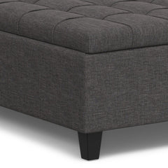 Storage Ottoman, 40 in Square, Upholstered with Black Wood Legs