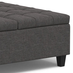 Storage Ottoman, 40 in Square, Upholstered with Black Wood Legs