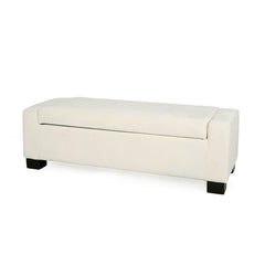 Storage Ottoman, 50 Inch, White Polyester Fabric, Black Solid Wood Legs