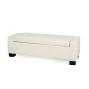 Storage Ottoman, 50 Inch, White Polyester Fabric, Black Solid Wood Legs