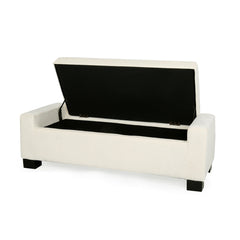 Storage Ottoman, 50 Inch, White Polyester Fabric, Black Solid Wood Legs