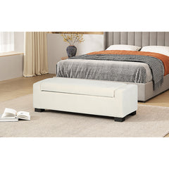 Storage Ottoman, 50 Inch, White Polyester Fabric, Black Solid Wood Legs