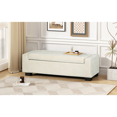 Storage Ottoman, 50 Inch, White Polyester Fabric, Black Solid Wood Legs