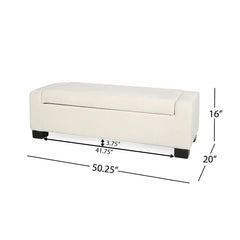 Storage Ottoman, 50 Inch, White Polyester Fabric, Black Solid Wood Legs