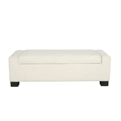 Storage Ottoman, 50 Inch, White Polyester Fabric, Black Solid Wood Legs