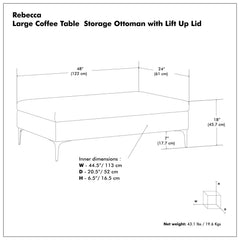 Storage Ottoman Coffee Table, 48 In Long, Gray Polyester, Black Metal Legs