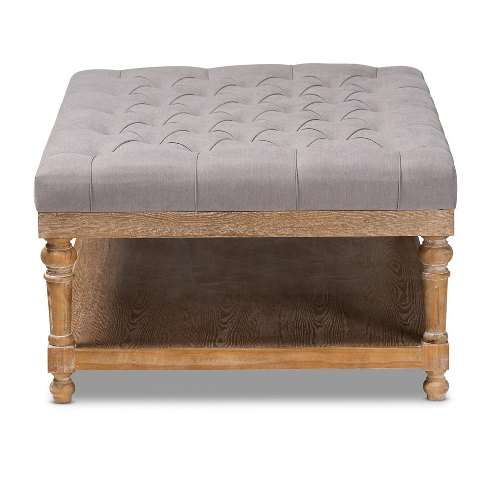 Storage Ottoman, Gray Linen with Tufted Upholstery