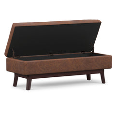 Storage Ottoman, Rectangular, Saddle Brown Faux Leather, Tapered Wood Legs