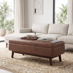 Storage Ottoman, Rectangular, Saddle Brown Faux Leather, Tapered Wood Legs