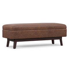 Storage Ottoman, Rectangular, Saddle Brown Faux Leather, Tapered Wood Legs