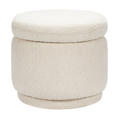 Storage Ottoman, Round Boucle with Solid Wood Frame, White