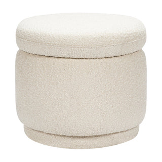 Storage Ottoman, Round Boucle with Solid Wood Frame, White