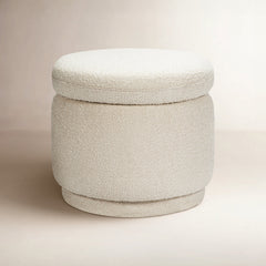Storage Ottoman, Round Boucle with Solid Wood Frame, White