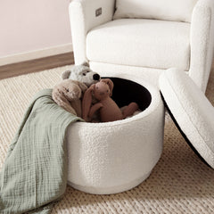 Storage Ottoman, Round Boucle with Solid Wood Frame, White
